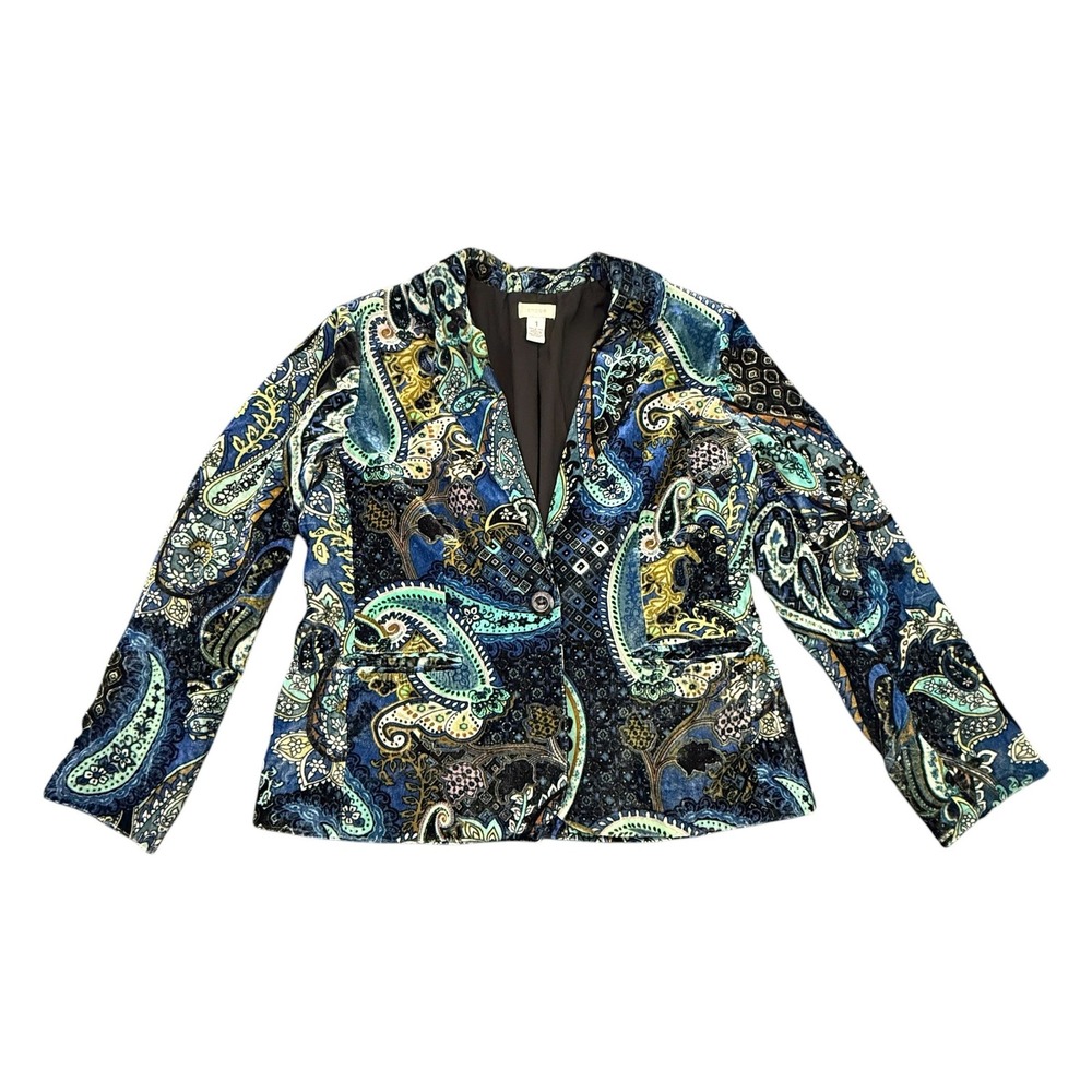 Chico's Blazer Women's Size 1 Blue Teal Paisley Print Open Front Velvet‎ Jacket
